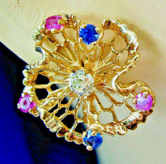 Original EARTH MINED DIAMOND Sapphire Ruby Deco Earrings Vintage SOLID 14K GOLD