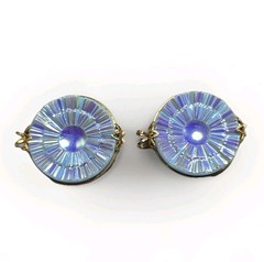 Vtg Hillcraft Castlecraft Comfort Clip Earrings in Blue Iridescent Molded Glass