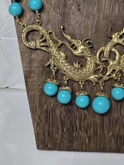 Double Strand Chunky Turquoise Color Blue Bead Necklace Gold Tone Dragon Pendant