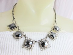 Vintag Faceted Black Hematite Cabochons Choker Necklace Earrings Clip Silvertone
