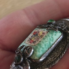 Antique Silver Tone Millefiori Micromosaic Brooch Pin Green Rhinestones Art Deco