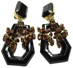 SCHREINER Black Hoop Rootbeer Wrapped Rhinestone Vintage Clip Earrings