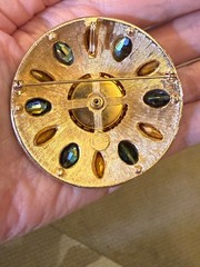 Vintage Accessocraft Brooch Pendant Green Gold Rhinestone Gold Tone Sunburst