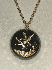Vintage German Intaglio Glass Duck Pendant Necklace Gold Scene 24” MCM 1950s
