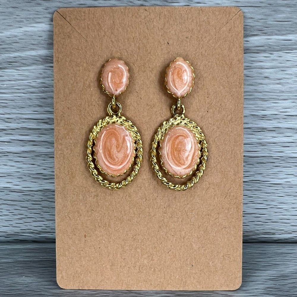 Vintage Earrings Fashion Jewelry Retro Peach Swirl Costume Stud Dangle Oval Used