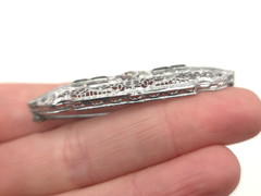 Vintage Art Deco Filigree Faux Gemstone Green Clear Glass Rhodium Plated Brooch