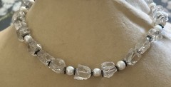 Vintage estate sterling silver raw rock crystal Pearl beaded Toggle necklace 925