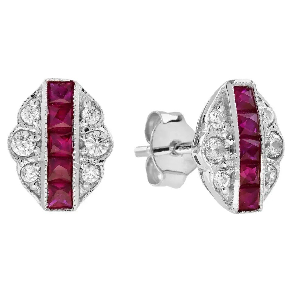 Vintage Style Ruby & Lab-Created Diamond Stud Earrings Art Deco Cluster Gift
