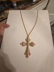 Vintage Gold Tone Filigree 3.5 “ inch Cross Pendant Necklace with Faux Pearls