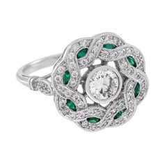 Art Deco Style Lab Created Diamond & Emerald Anniversary 14k White Gold FN Ring