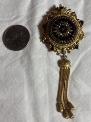 Vintage Art Deco Gold Tone Black Rhinestone Tassel Mourning Brooch Signed LJM