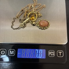 Vintage 12k GF Pocket Watch Chain FOB Necklace, Dog Clip,Goldstone & Citrine Gem