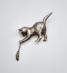Jezlaine Vintage Sterling Silver Citrine Cat & Mouse Brooch Pin 2.25″ X .9″