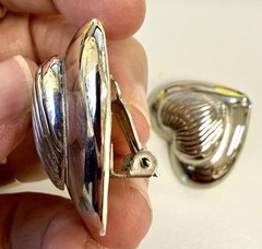 Vintage Silver Tone Puffed Heart Pendant Clip Earrings Set Modernist Statement