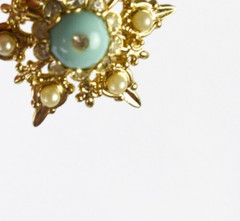 Vintage Snowflake Brooch Aqua Blue Gold Tone Beaded Rhinestone Lapel Pin