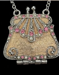 Vintage VCLM Enamel and Rhinestone Handbag Purse Locket Chain Necklace