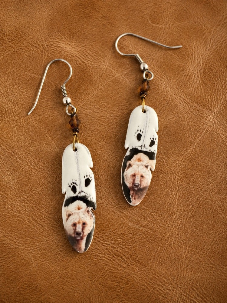 Vintage Ceramic Feather Dangling White Pierced Earrings w/ Painted Bear 2219