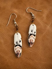 Vintage Ceramic Feather Dangling White Pierced Earrings w/ Painted Bear 2219