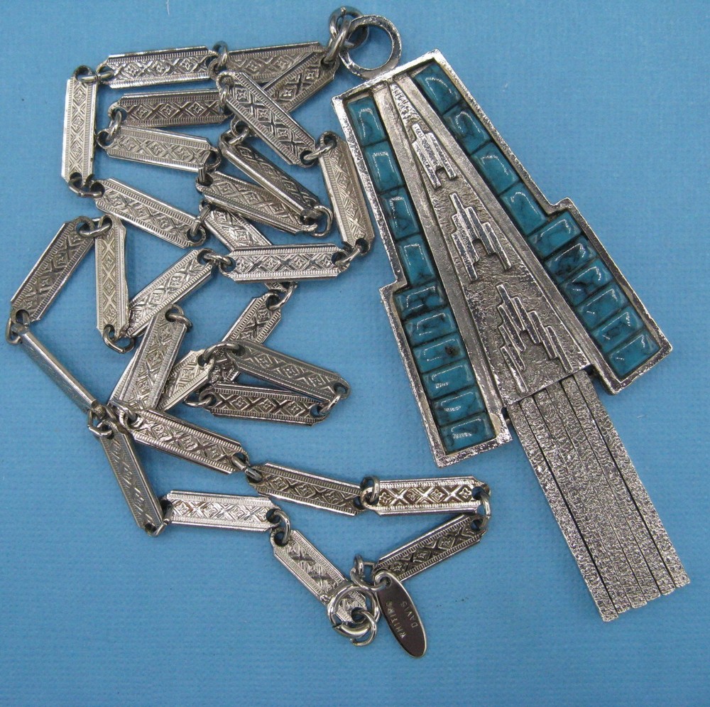 Whiting And Davis Vtg 1970s Necklace Art Deco Faux Turquoise Pendant Silver Tone