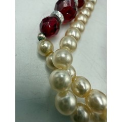 Vintage Faux Pearl and Ruby Red Faceted Glass Double Strand Necklace 24 Inch