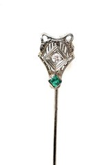 Antique 14K WG Edwardian Art Deco Diamond Emerald Stickpin Pin GAL Appraisal