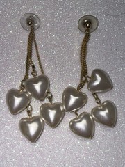 Vintage Four Heart Dangle Earrings Gold Tone Faux Pearl Pierced Post