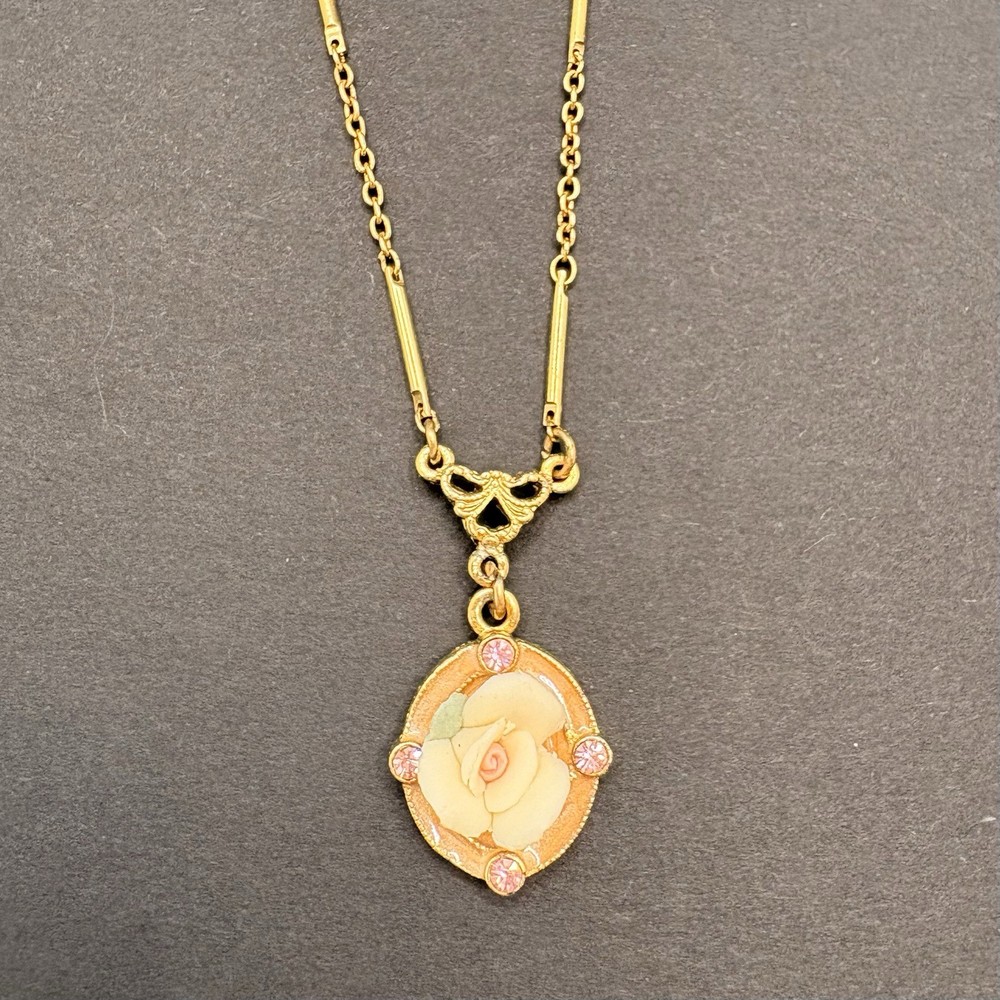 Vintage 1928 Brand Porcelain Rose Swirl Enamel Rhinestones Gold Tone Necklace