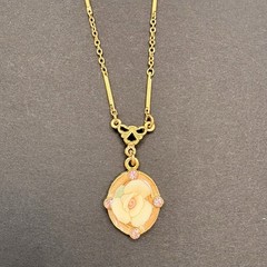 Vintage 1928 Brand Porcelain Rose Swirl Enamel Rhinestones Gold Tone Necklace