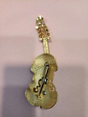 Vintage Tona Brooch Cello Violin Brushed Gold Tone with Rhinestones 3.5inch tall