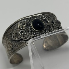 Vintage Silver Tone Nickel Silver Black Onyx Cabochon Wide Open Cuff Bracelet