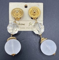 Huge Vintage Bead Dangle Clip On Earrings Gold Tone J6