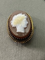 Antique Carved Shell Cameo Brooch Gold Frame Victorian Lady Portrait*