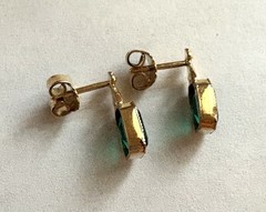 Vintage Dainty Rolled Yellow Gold Emerald Cut Green Pierced Post Earrings