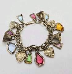 Puffy Hearts Charm Bracelet Toggle Bell Charms Multicolored Rhinestone 6.5 in