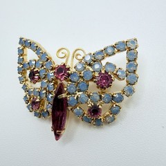 Pink and Blue Rhinestone Gold Tone Butterfly Brooch Vintage Whimsical 1”