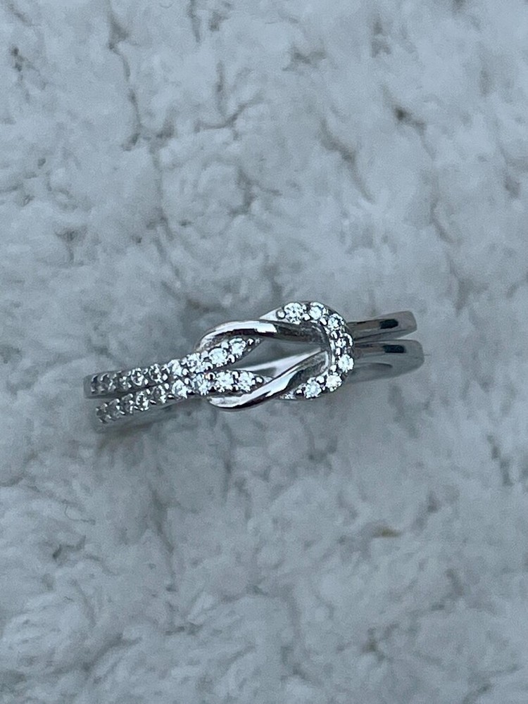 VINTAGE Silver Knot Promise Ring – White Zirconia Love Eternity Band – SIZE 5
