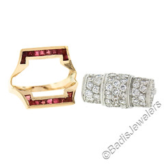 Unique Vintage Retro 14k Gold & Platinum 2.75ctw Diamond & Ruby Insert Ring Set