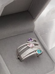 Vintage PJM 6Band Sterling Crystal Muti Color Pear Cut Gemstones Ring 5.9Gr Sz8