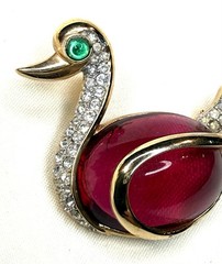 Vintage Crown Trifari Red Jelly Belly Swan Rhinestone Brooch Pin Mid Century