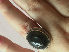 VINTAGE HUGE BLACK STAR CATS EYE MOONSTONE ? CABOCHON 925 STERLING SILVER RING