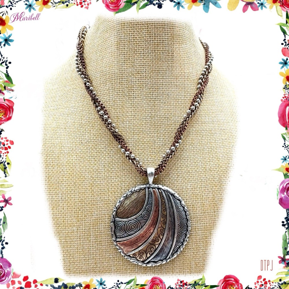 Vtg Silver Rose Gold Tone Chain Multi Strand Necklace Big Round Etched Pendant