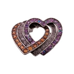 Vintage Liz Claiborne Triple Heart Brooch Amber Grey Purple Rhinestone Pin 2 in