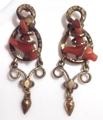 Antique Victorian Lot GF Pierced Branch Coral Dangle Drop Earrings & Shirt Stud