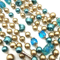Vintage Japan Multi Strand Beaded Choker Necklace Blue Gold Mid Century 16″