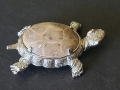 Vintage Petoskey Stone Silvertone Turtle Tortoise Brooch Pin Fossilized Coral