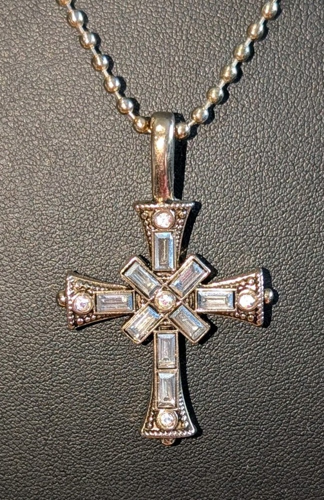 Vtg Juicy Couture Gold Tone Cross Pendant Necklace AB Rhinestone Baguette Crown