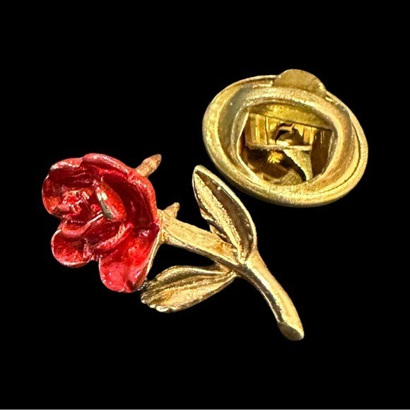 Vintage Gold & Red Rose Lapel Pin With Secure Clutch Back