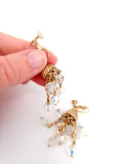 VTG Clip On Dangle Drop Earrings Aurora Borealis Cluster Rhinestone Carousel