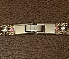 Vintage Pink & Clear Rhinestone Tennis Bracelet Gold Tone 3 Strand 7″ L