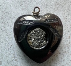 Antique Victorian Whitby Jet Inset Pyrite Puffy 3-D HEART Charm Pendant Fob H5